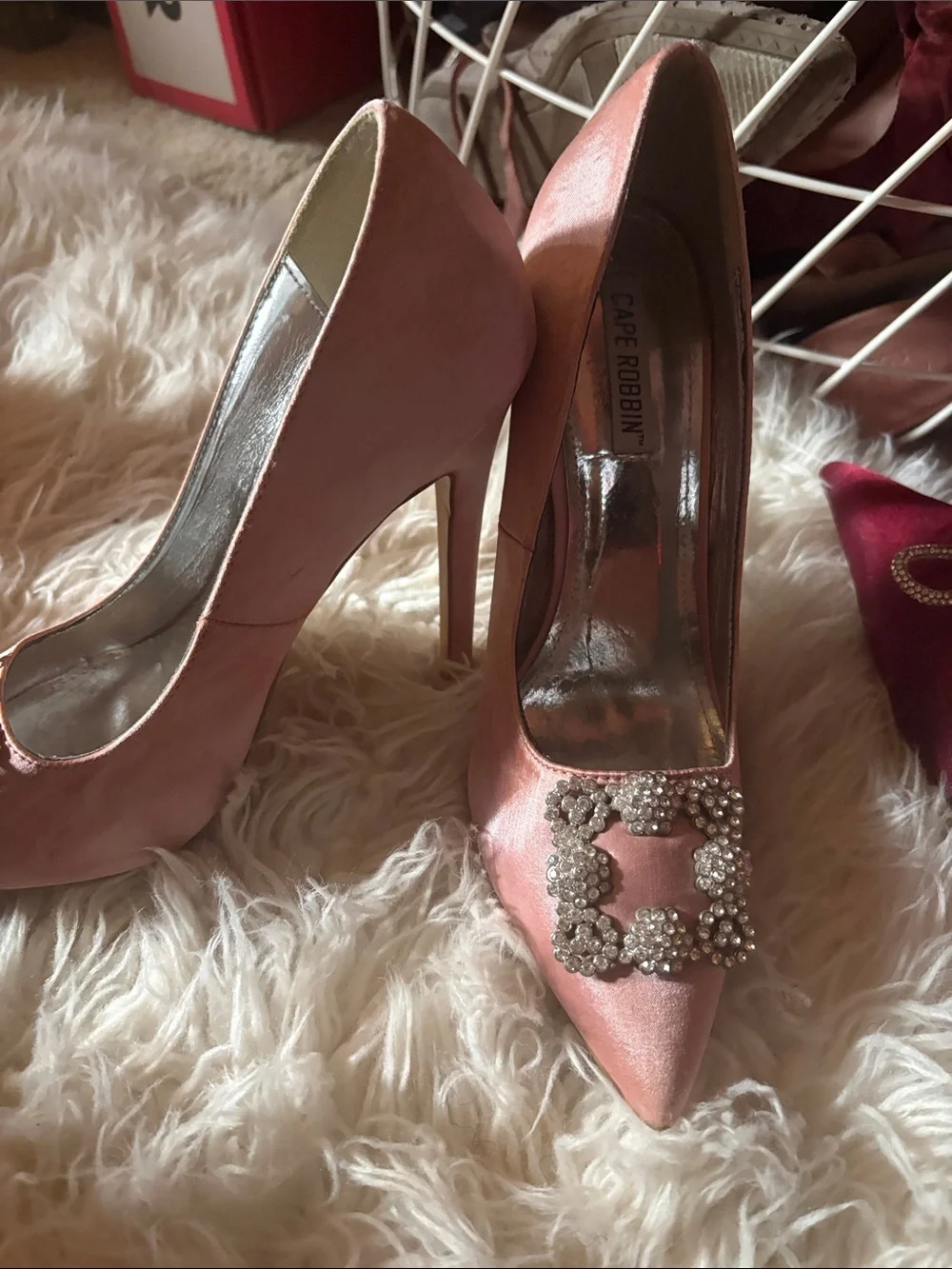 Cape Robbin Rose Pink Satin Pointed-Toe Pumps with Crystal Buckles
